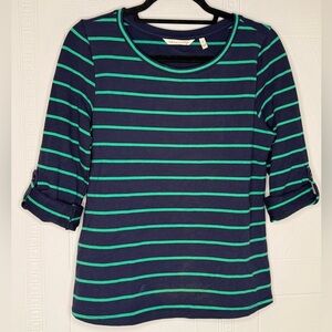 Soft Surroundings Small Navy Green Stripe Roll Tab 3/4 Sleeve Round Neck Top